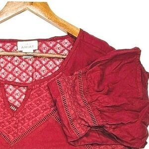 Ariat, Top Burgundy Long Sleeve Peasant Blouse with Lace Detail, Women's XL